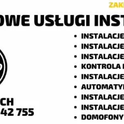 Grafika reklamowa firmy instalacyjnej z Zakrzewa, oferującej kompleksowe usługi, w tym instalacje alarmowe, elektryczne, monitoring CCTV, automatykę bram oraz instalacje Smart Home. Widoczne logo...