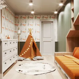 Pokój dziecięcy z tipi oświetlonym lampkami, komodą z białymi frontami, tapetą w lisy i łóżkiem z pomarańczowymi poduszkami, na podłodze mata z mapą świata.