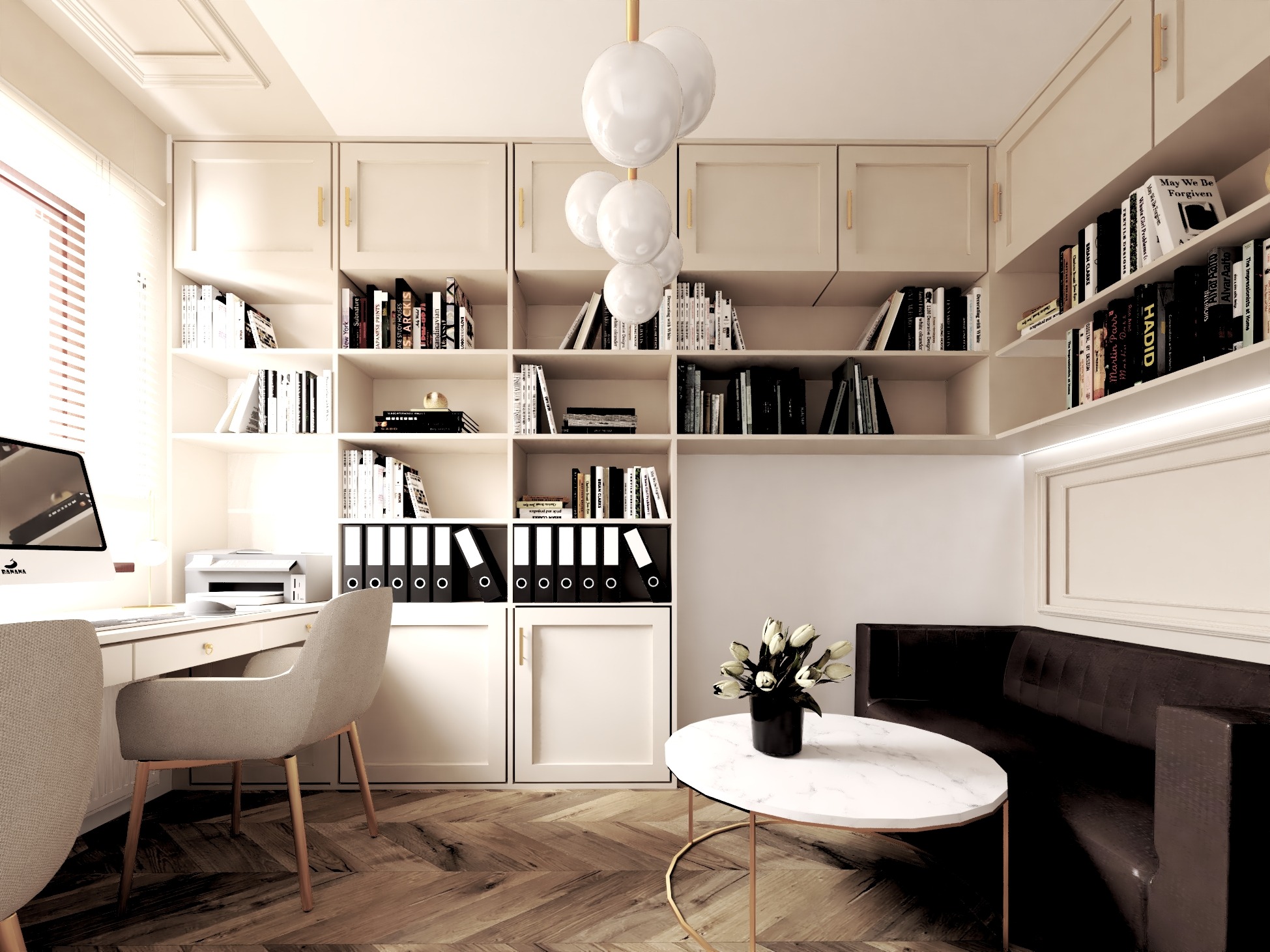 Wizualizacja domowego biura z regałem na książki, biurkiem z komputerem, krzesłem i małym stolikiem kawowym z bukietem białych tulipanów.