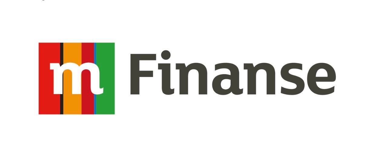 Logo firmy 'm Finanse' z białym 'm' na tle z pionowymi pasami w kolorach czerwonym, czarnym, pomarańczowym i zielonym, obok szary tekst 'Finanse'.