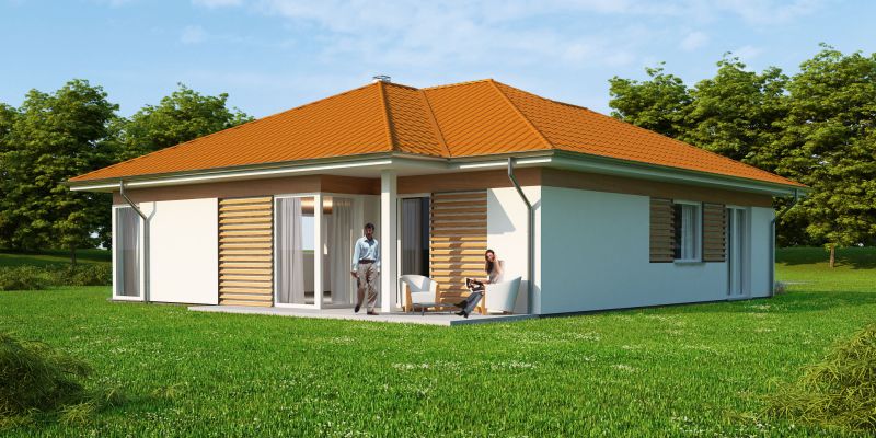 Wizualizacja parterowego domu jednorodzinnego z pomarańczową dachówką, drewnianymi żaluzjami i tarasem, na którym siedzą dwie osoby w białych fotelach.