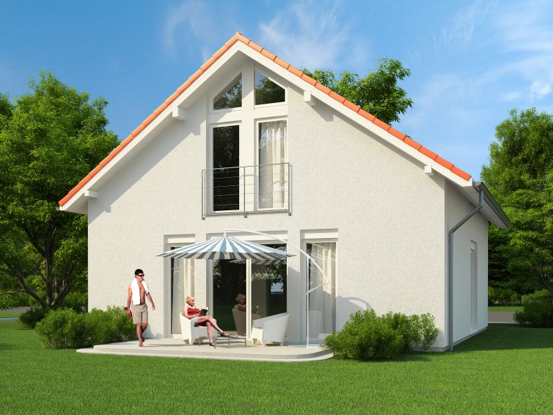 Wizualizacja domu jednorodzinnego z białym tynkiem, czerwonym dachem i balkonem, z osobami relaksującymi się na tarasie pod niebiesko-białym parasolem.