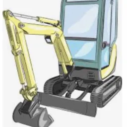 Ilustracja żółtej mini koparki z szarą łyżką i kabiną, widok z boku, na białym tle.