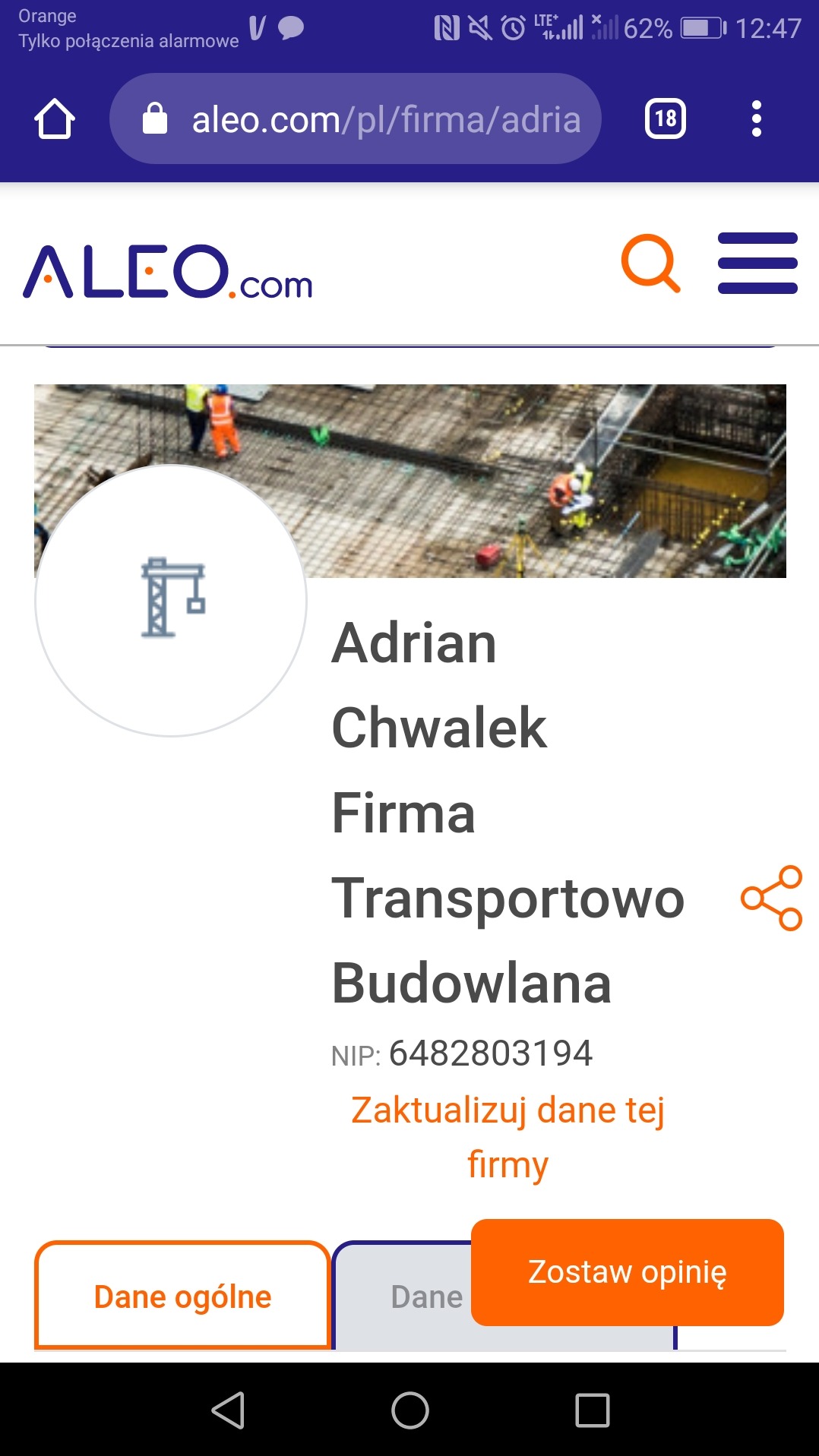 Zrzut ekranu strony internetowej firmy budowlanej Adrian Chwalek Transportowo Budowlana na platformie Aleo.com, prezentujący profil firmy z widocznym zdjęciem z budowy w tle oraz logo firmy...