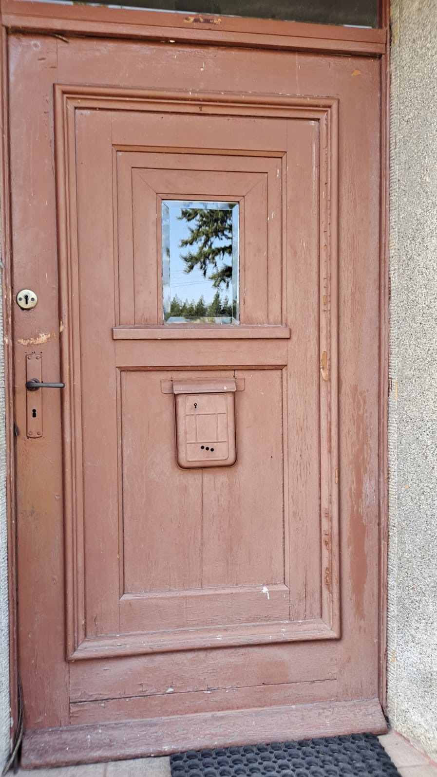 Drewniane drzwi wejściowe w kolorze brązowym, z małym okienkiem i skrzynką na listy, widoczne ślady użytkowania i odpryski farby.