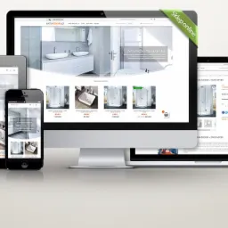 Responsywny układ strony internetowej sklepu z wyposażeniem łazienek wyświetlony na monitorze, laptopie, tablecie i smartfonie.