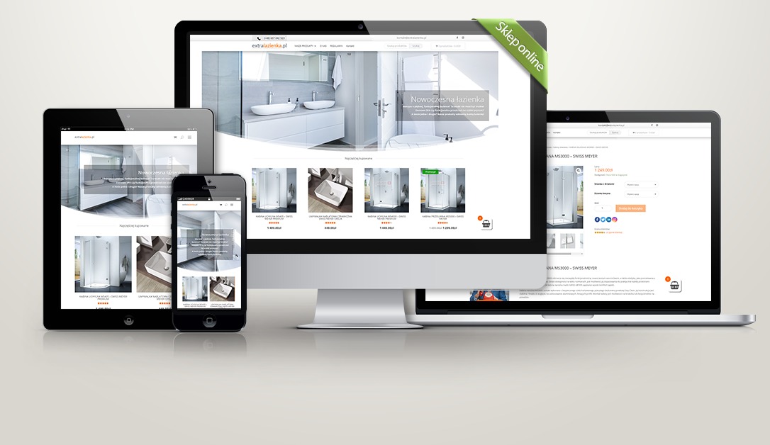 Responsywny układ strony internetowej sklepu z wyposażeniem łazienek wyświetlony na monitorze, laptopie, tablecie i smartfonie.