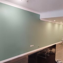 Piotr Smoliński - Świeżo pomalowana ściana w odcieniu zieleni z białymi listwami przypodłogowymi i sufitowymi, widoczna drabina malarska w tle, podłoga z paneli imitujących drewno.