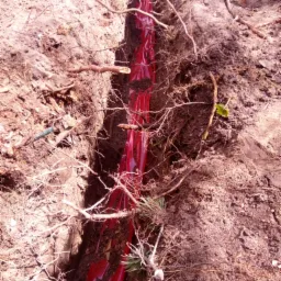 Wykop w ziemi z ułożonymi czerwonymi rurami kablowymi, widoczne korzenie i grudki ziemi.