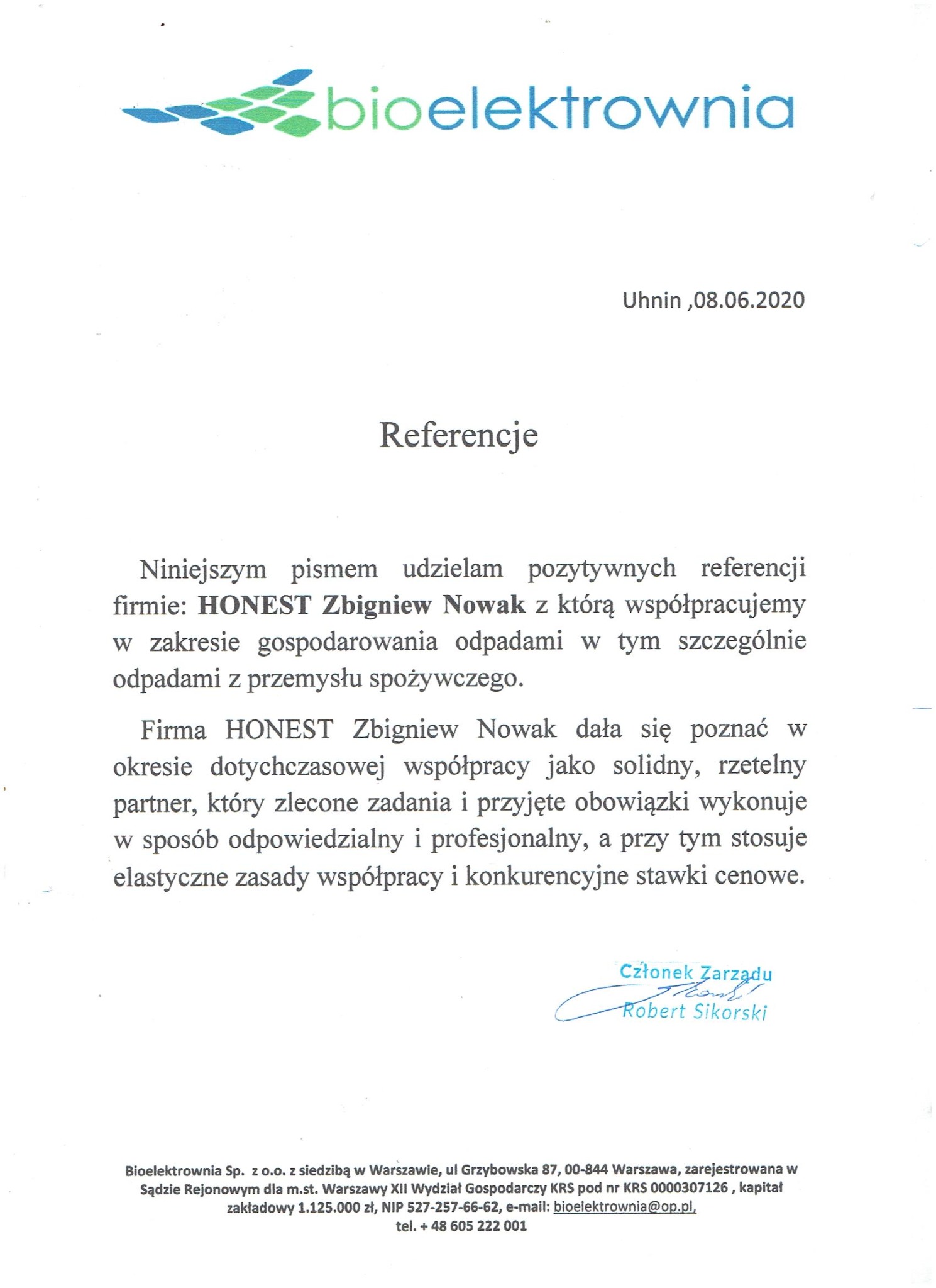 Skan dokumentu referencyjnego dla firmy HONEST Zbigniew Nowak w zakresie gospodarowania odpadami, wystawiony przez Bioelektrownia Sp. z o.o.