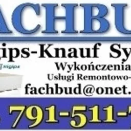 Reklama firmy budowlanej Fachbud z informacją o systemach Rigips-Knauf, wykończeniach wnętrz, usługach remontowo-budowlanych oraz danymi kontaktowymi: adresem email i numerem telefonu. Na grafice...