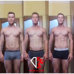 Dublinski Successway Krystian Dubliński - Mężczyzna przed i po treningu, widoczna zmiana sylwetki, trójpanelowe ujęcie z różnicą w muskulaturze i bieliźnie, zamazana twarz, tatuaż na lewym ramieniu.
