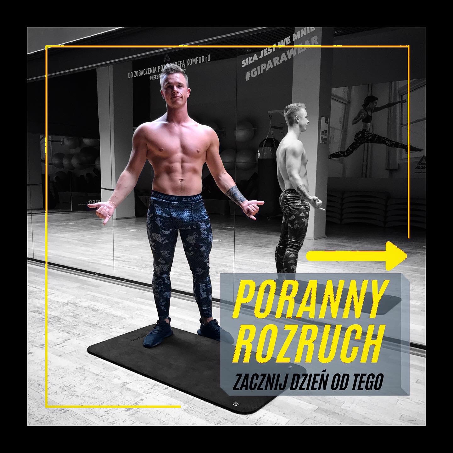 Mężczyzna bez koszulki w sportowych legginsach na macie do ćwiczeń, widoczny przodem i odbiciem w lustrze, na którym znajduje się napis #GIPARAWEAR.