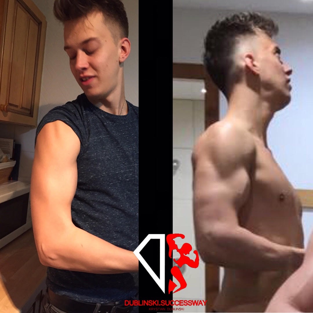 Porównanie sylwetki mężczyzny przed i po treningu, widoczne zmiany w muskulaturze ramion i klatki piersiowej, logo firmy na dole.