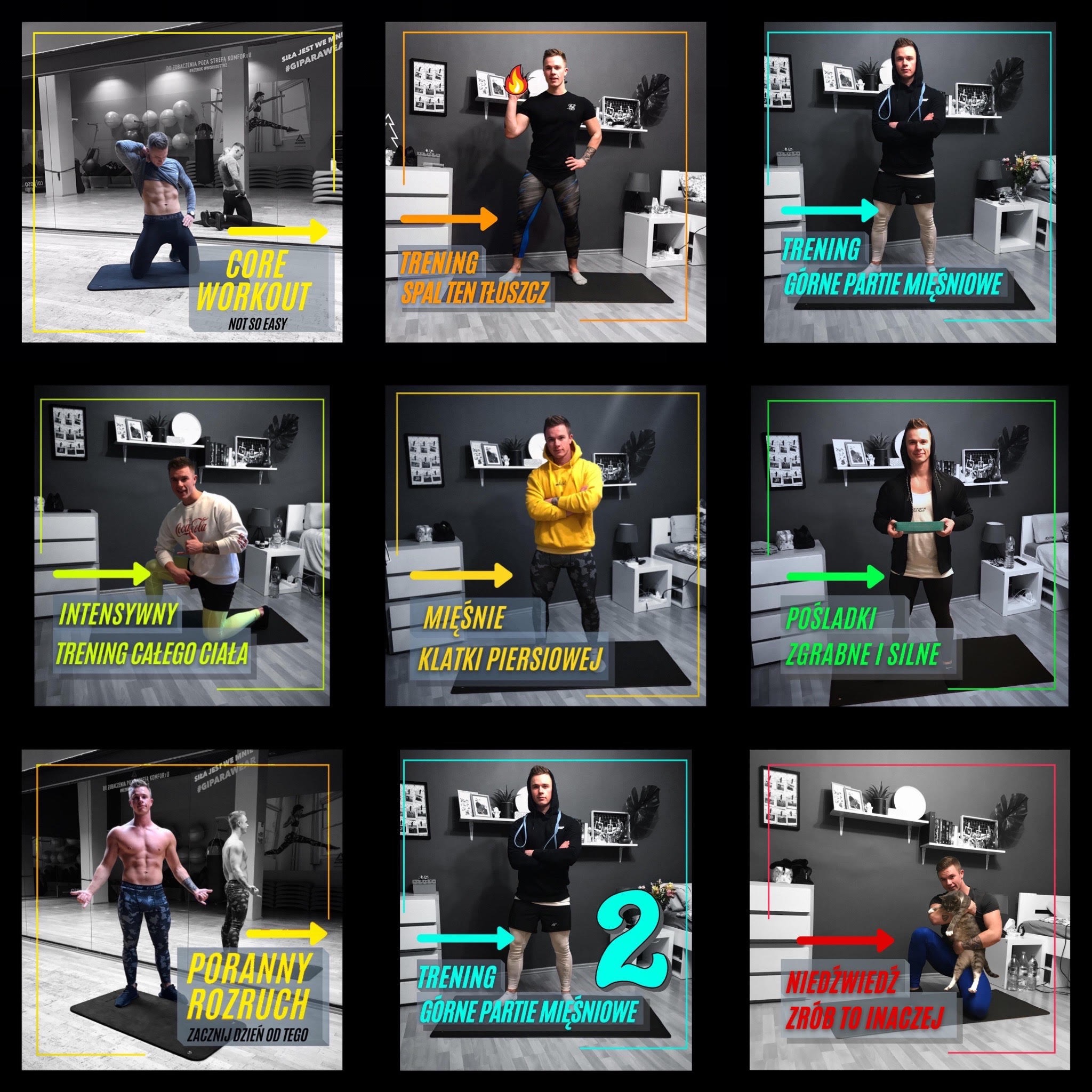 Kolaż dziewięciu ujęć z treningów w domowym zaciszu, z różnymi ćwiczeniami i podpisami, na tle szarej ściany z minimalistycznym wystrojem.