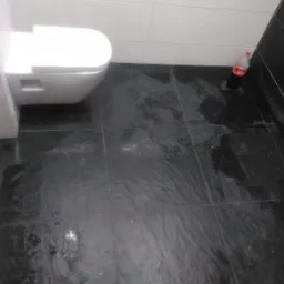 Wisząca toaleta na czarnej, błyszczącej podłodze z płytek. Na podłodze stoi butelka Coca-Coli.