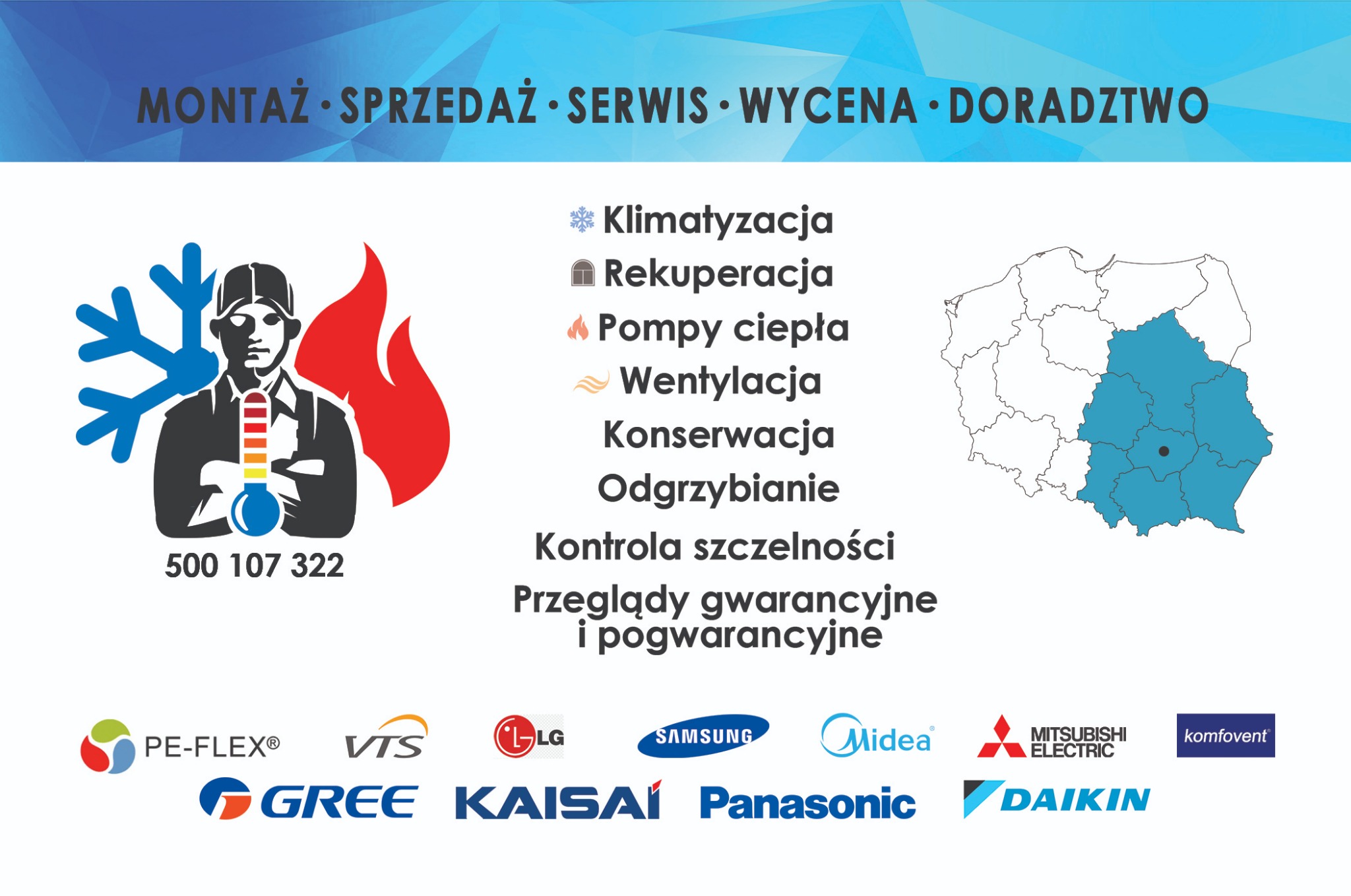 Grafika reklamowa firmy oferującej montaż, sprzedaż i serwis klimatyzacji, rekuperacji, pomp ciepła i wentylacji, z numerem telefonu, logotypami producentów i zaznaczoną na mapie Polski lokalizacją...