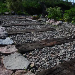 Ścieżka w ogrodzie wykonana z nieregularnych kamieni i drewnianych bali, wysypana drobnym żwirem, z zielenią w tle.