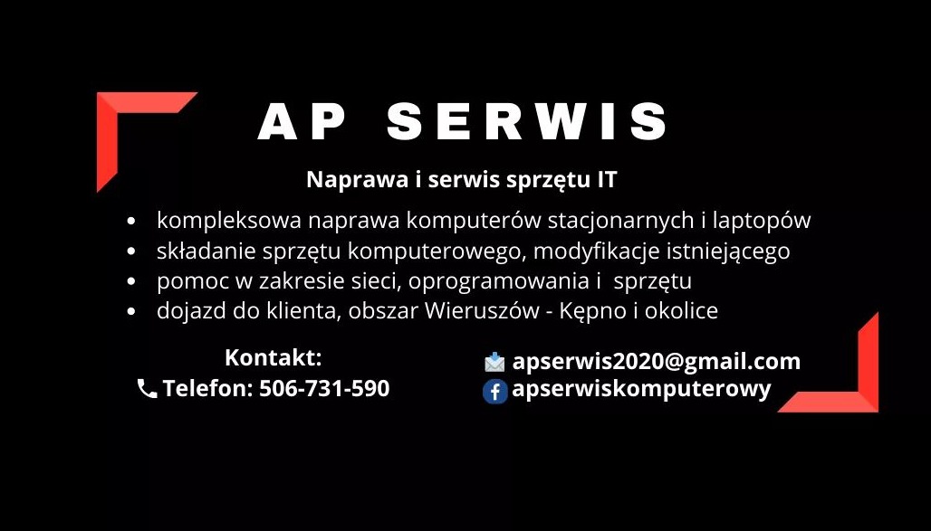 Grafika reklamowa AP Serwis: Naprawa i serwis sprzętu IT, obejmująca naprawę komputerów i laptopów, składanie sprzętu, pomoc w zakresie sieci i oprogramowania, z dojazdem do klienta w obszarze...