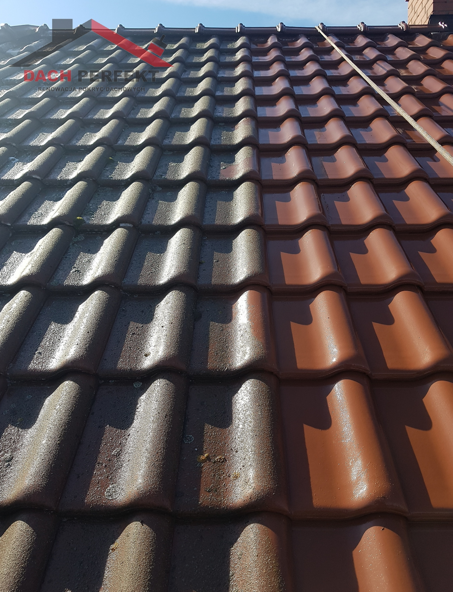 Częściowo wyczyszczony dach z brązowej dachówki ceramicznej, widoczna wyraźna różnica między brudną a czystą powierzchnią, z logo firmy w lewym górnym rogu.