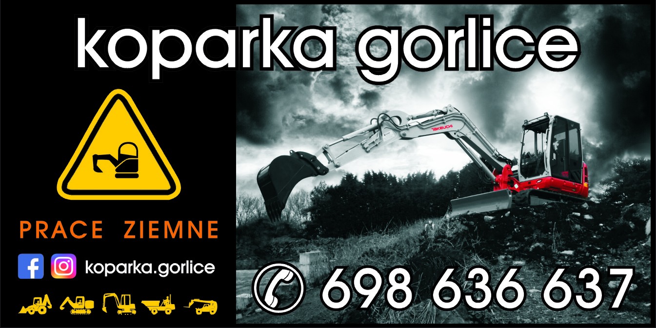 Grafika reklamowa z minikoparką Takeuchi na tle pochmurnego nieba, logo firmy 'koparka gorlice', ostrzegawczy trójkąt z ikoną koparki, numer telefonu i ikony mediów społecznościowych.