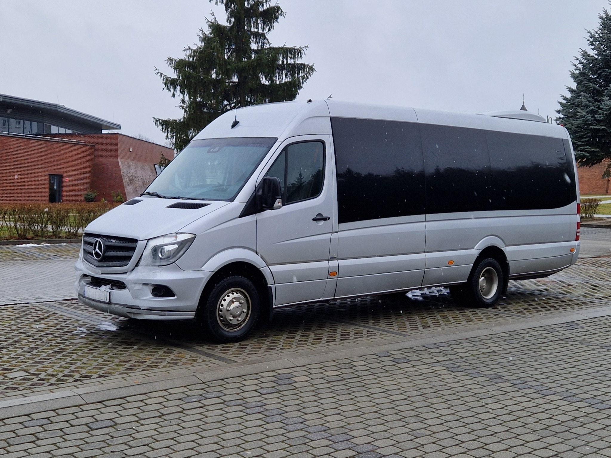 Srebrny bus Mercedes-Benz Sprinter z przyciemnianymi szybami, zaparkowany na kostce brukowej w pochmurny dzień, widoczne uszkodzenia na przednim zderzaku.