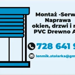 Ilustracja graficzna przedstawiająca schematycznie okno z roletami, obok tekst informujący o montażu, serwisie i naprawie okien, drzwi i rolet z PVC, drewna i aluminium, numer telefonu i adres e-mail.