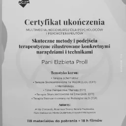Certyfikat ukończenia kursu dla psychologów i psychoterapeutów, z wyszczególnionymi tematami kursu i nazwiskami autorów, sygnowany przez prezesa wydawnictwa i dyrektora wydawnictw profesjonalnych.