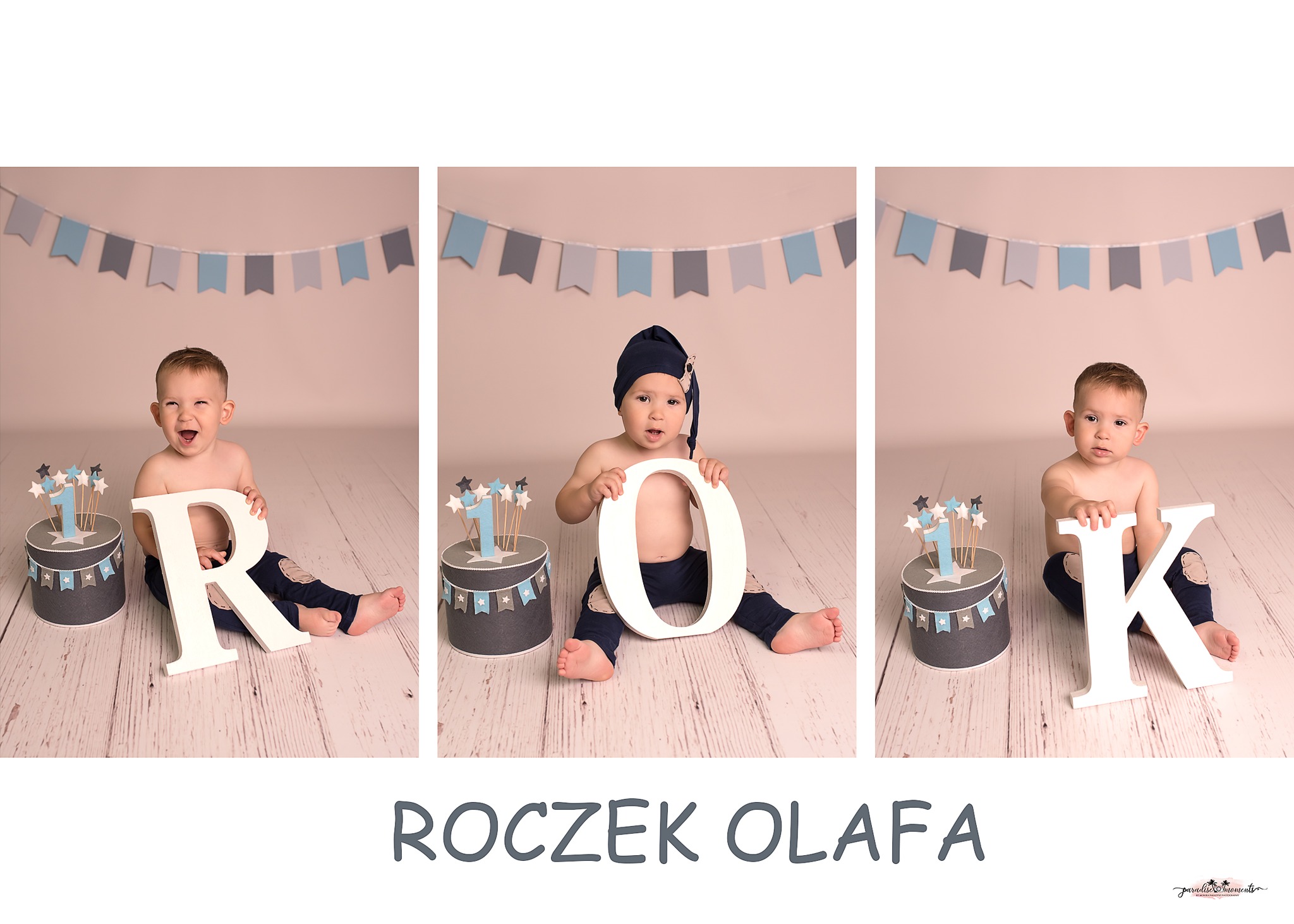 Kolaż z trzema ujęciami rocznego chłopca siedzącego na podłodze z drewnianych paneli, trzymającego litery układające się w słowo 'ROK', obok tortu z cyfrą jeden i dekoracją z chorągiewek.