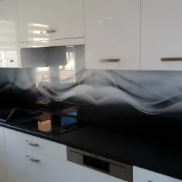 Szklany panel kuchenny z motywem białych fal na czarnym tle, wkomponowany między białe szafki kuchenne i czarny blat.