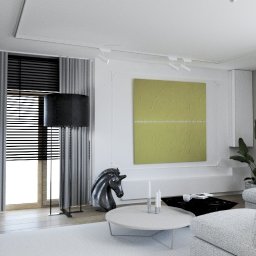 Larne Architektura Wnętrz - Nowoczesny salon w jasnych barwach z abstrakcyjnym obrazem w odcieniach zieleni, czarnym koniem-rzeźbą i minimalistycznym oświetleniem szynowym.