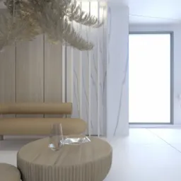 Beżowa sofa i okrągły stolik z wazonem w minimalistycznym salonie z drewnianą ścianą i marmurowymi panelami. Dekoracyjna kompozycja z suszonych traw nad sofą.