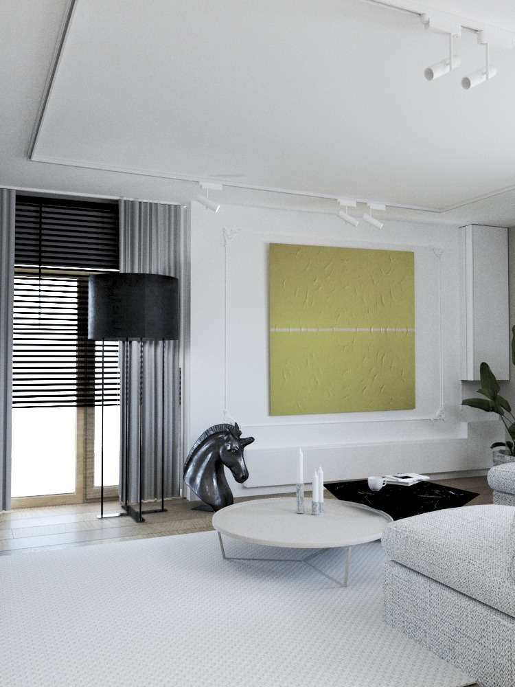 Nowoczesny salon w jasnych barwach z abstrakcyjnym obrazem w odcieniach zieleni, czarnym koniem-rzeźbą i minimalistycznym oświetleniem szynowym.