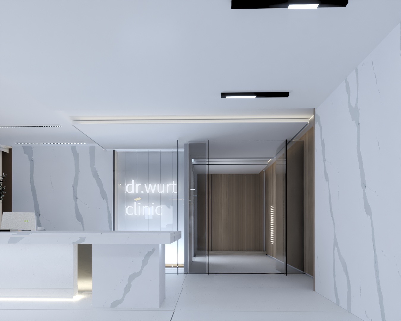 Minimalistyczne wnętrze kliniki w Kielcach z recepcją z białego marmuru i neonowym logo na szklanej ściance. Nowoczesny design, jasne oświetlenie.