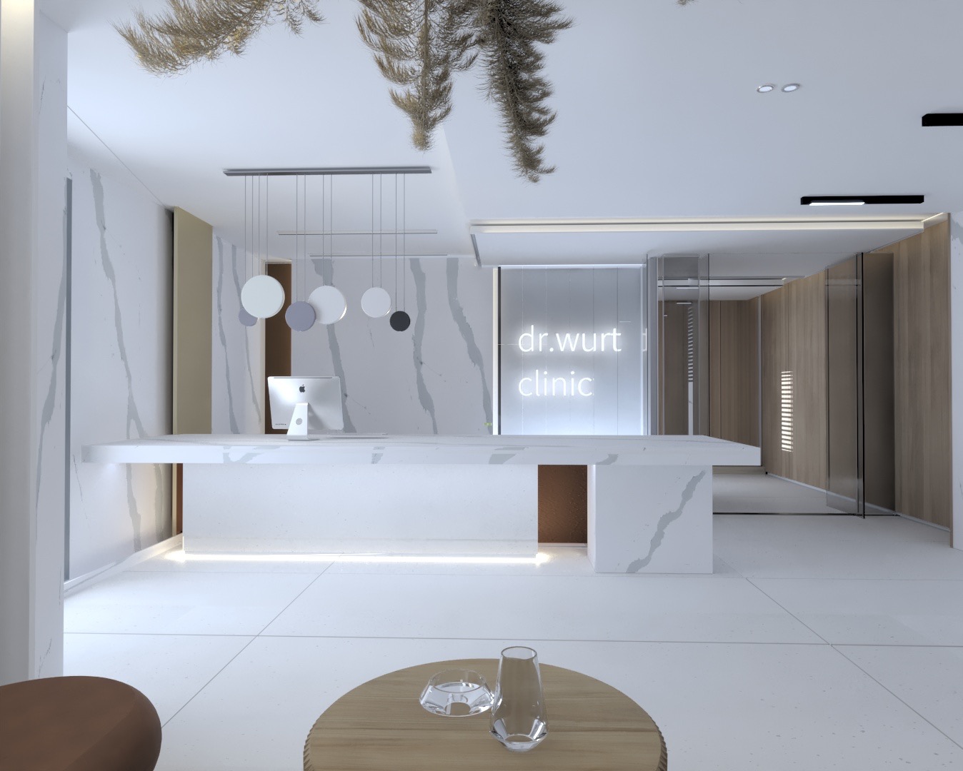 Nowoczesne wnętrze kliniki: biała recepcja z marmurowym wzorem, designerskie lampy sufitowe i neonowe logo 'dr.wurt clinic'. Minimalistyczny, elegancki design.