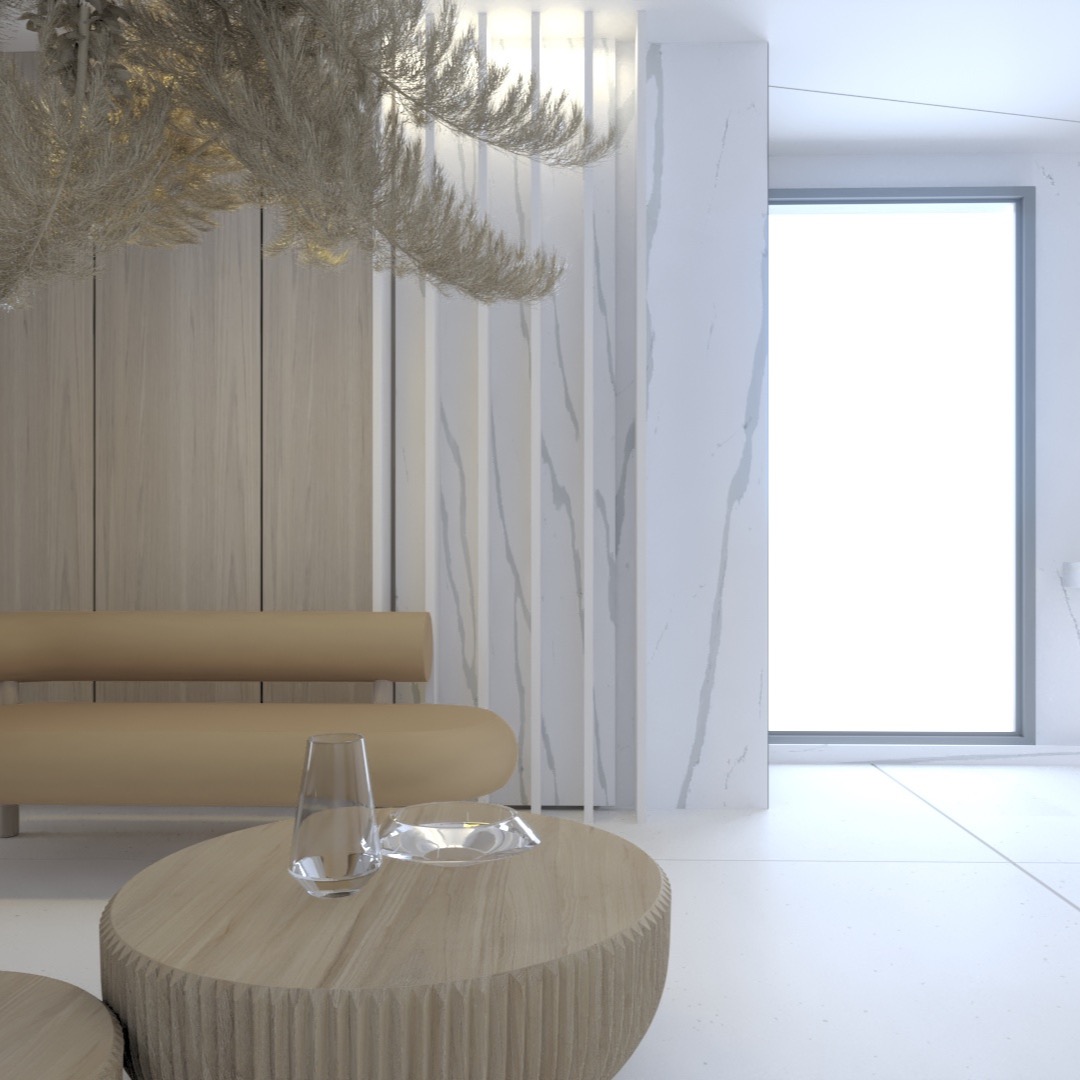 Beżowa sofa i okrągły stolik z wazonem w minimalistycznym salonie z drewnianą ścianą i marmurowymi panelami. Dekoracyjna kompozycja z suszonych traw nad sofą.