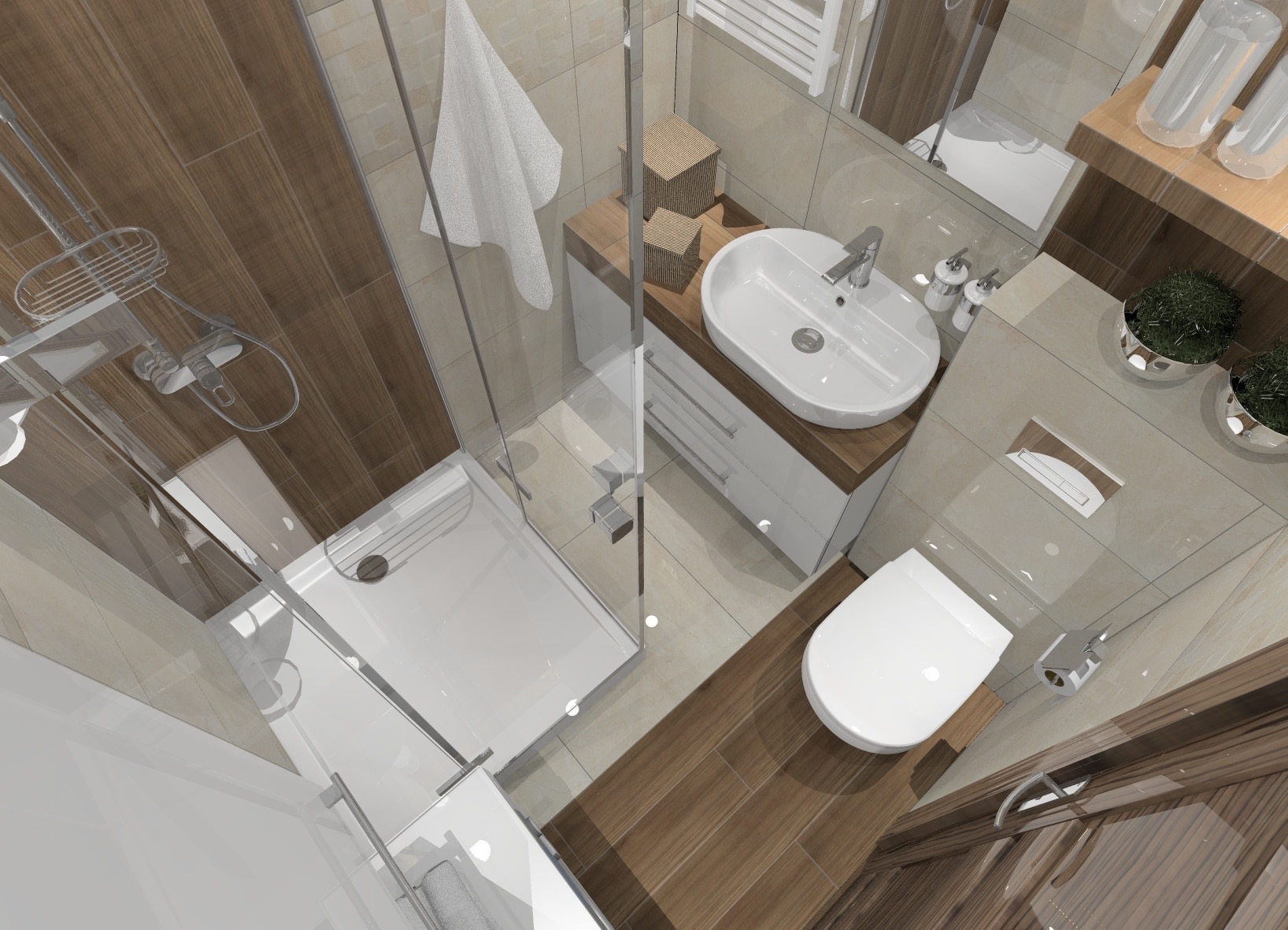 Wnętrze łazienki z kabiną prysznicową, umywalką nablatową, toaletą, drewnopodobnymi płytkami i dekoracyjnymi koszykami.