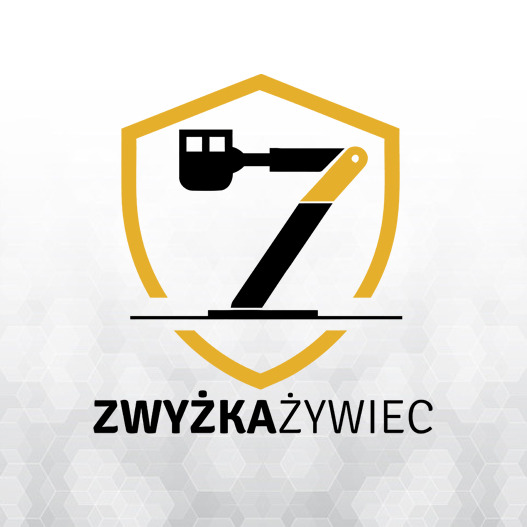 Logo firmy Zwyżka Żywiec przedstawiające stylizowany podnośnik na tle tarczy w kolorach czarnym i złotym.