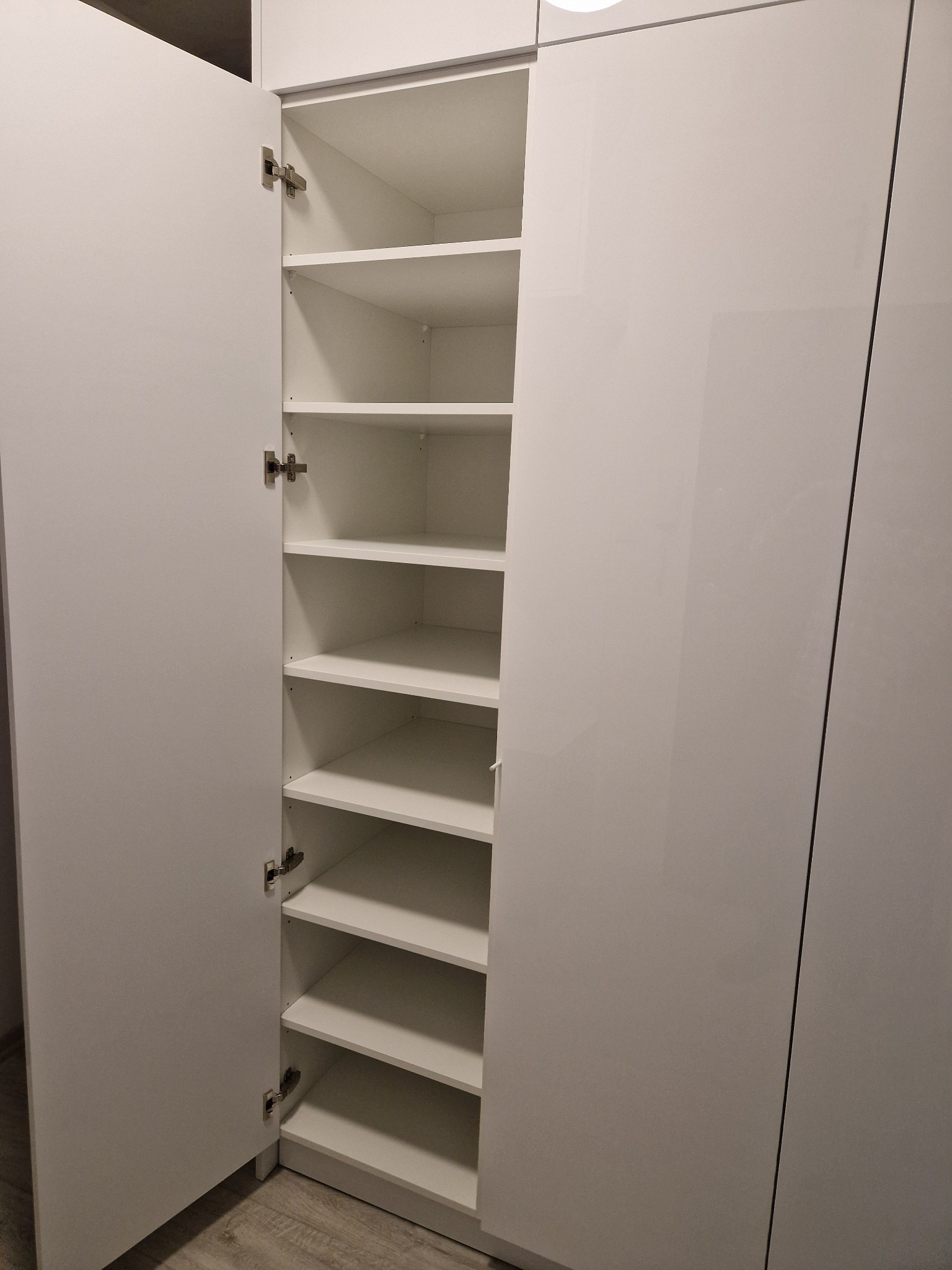 Biała szafa z otwartymi drzwiami, widoczne półki wewnątrz, minimalistyczny design.