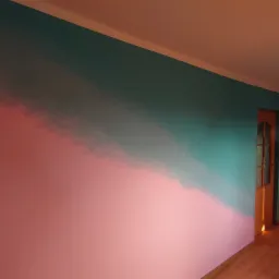 Ściana z efektem ombre, przechodząca od różowego u dołu do turkusowego u góry, z widocznymi śladami pędzla i drewnianą stolarką drzwiową w tle.