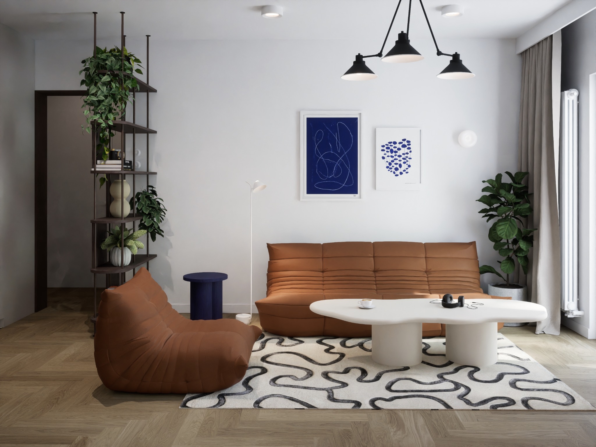 Nowoczesny salon z brązową sofą modułową, pufą w kształcie worka, białym stolikiem kawowym i dywanem w abstrakcyjne wzory, oświetlony lampą wiszącą z trzema kloszami.