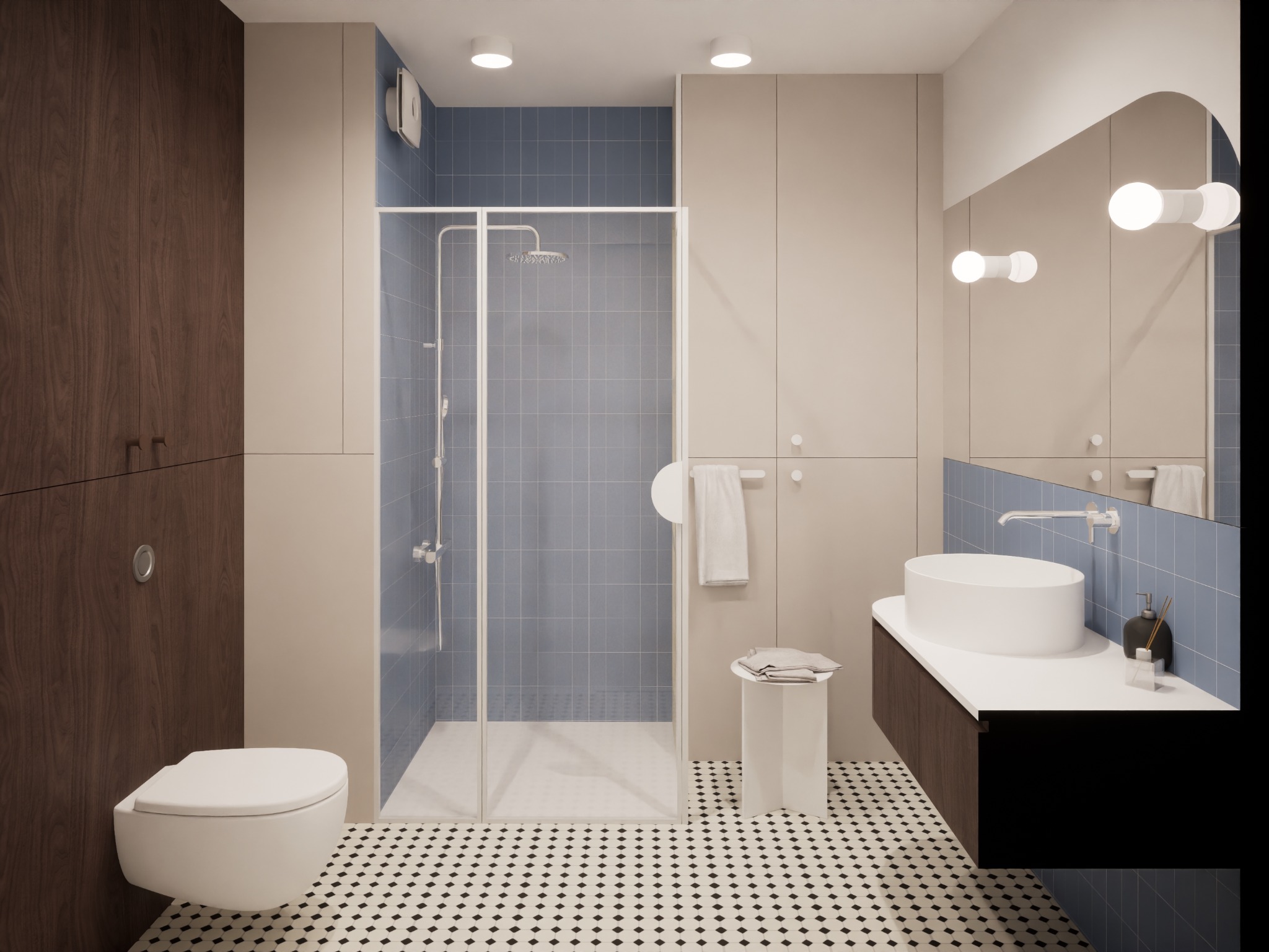 Wizualizacja nowoczesnej łazienki z kabiną prysznicową typu walk-in, umywalką nablatową, toaletą podwieszaną i szafkami w odcieniach beżu i brązu, wykończonej płytkami w tonacji błękitu...