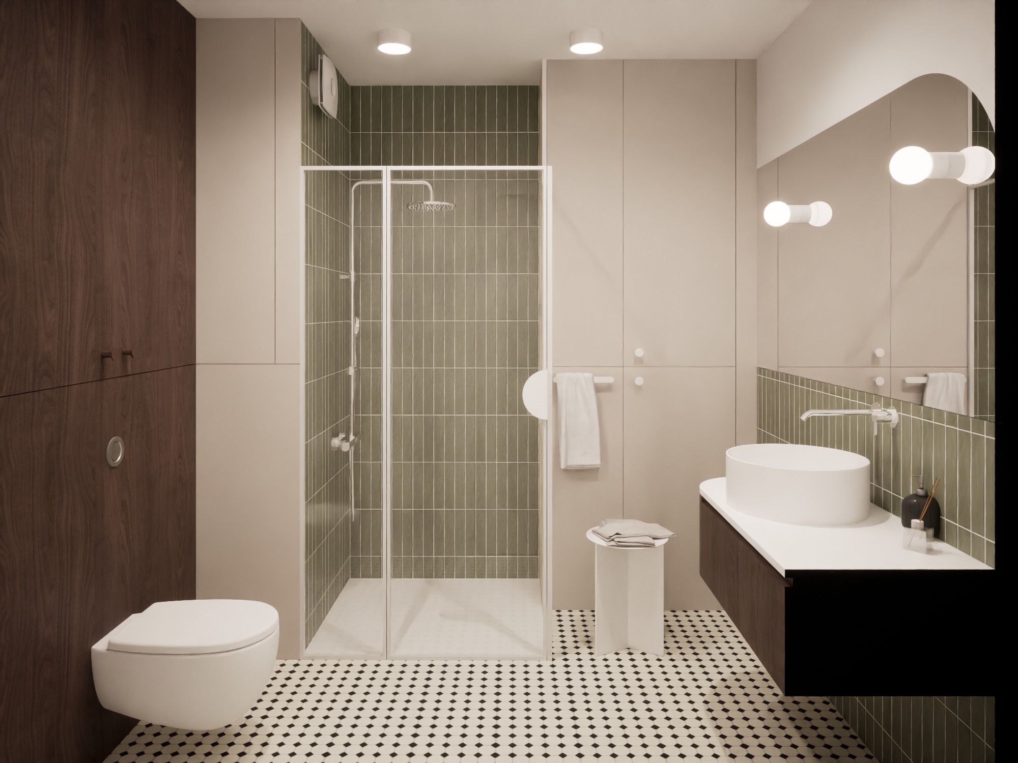 Wizualizacja nowoczesnej łazienki z kabiną prysznicową ze szklanymi drzwiami, wiszącą toaletą, umywalką nablatową i czarno-białą podłogą w romby. Na ścianach beżowe i oliwkowe pionowe płytki.