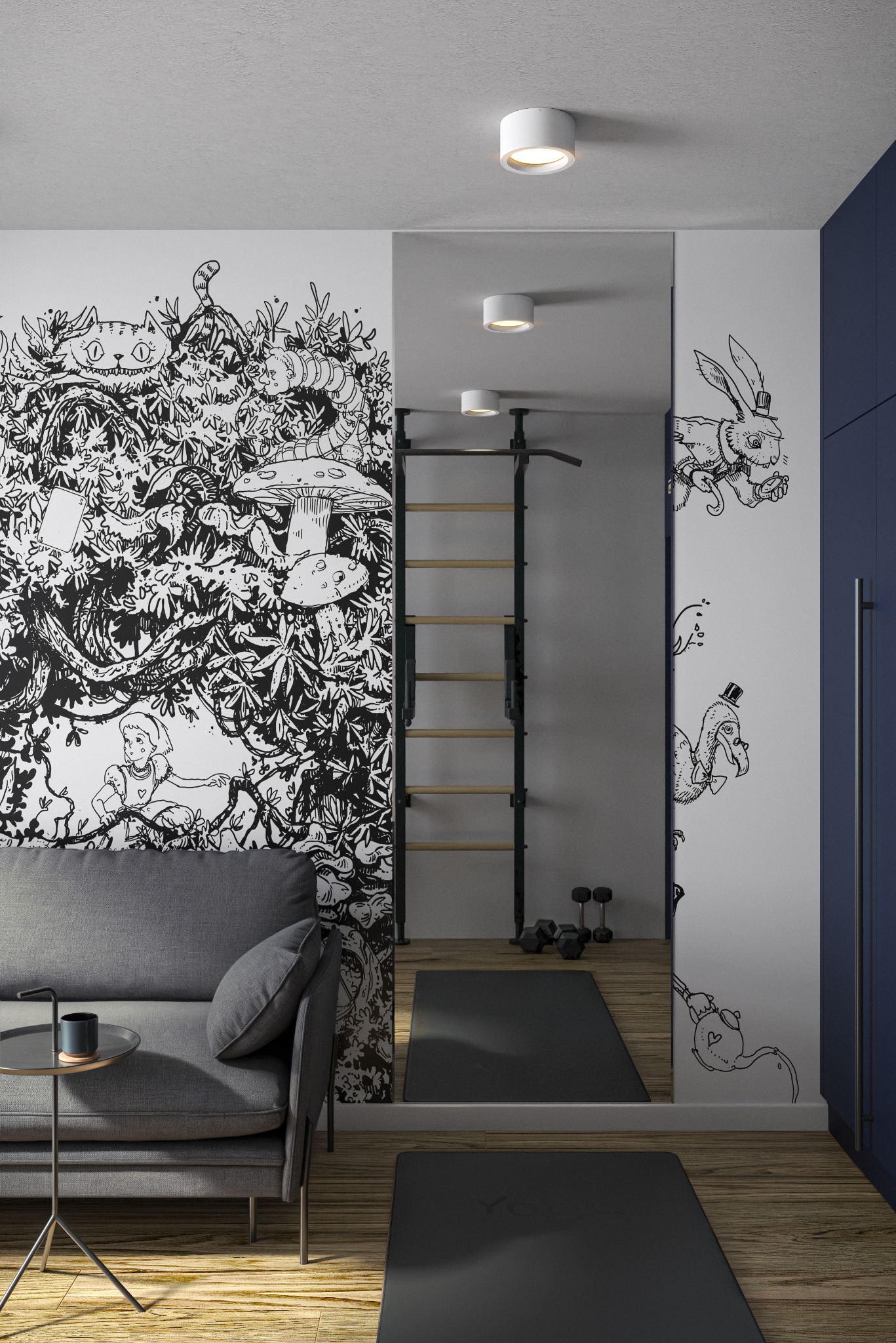 Pokój z motywem Alicji w Krainie Czarów: czarno-biały mural z postaciami z bajki na ścianie, szara sofa z poduszką, stolik kawowy z kubkiem, drabinka gimnastyczna i hantle widoczne w lustrze, mata...