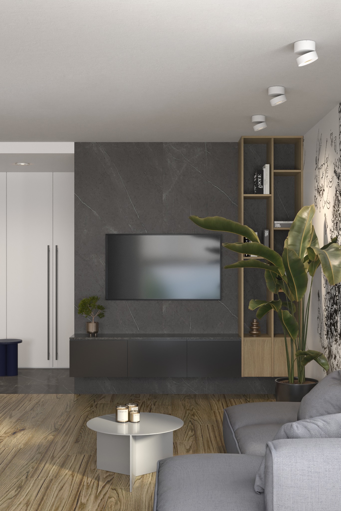 Nowoczesny salon z drewnianą podłogą, szarą ścianą z telewizorem, minimalistyczną szafką RTV, okrągłym białym stolikiem kawowym i dużą rośliną w donicy obok regału z książkami.