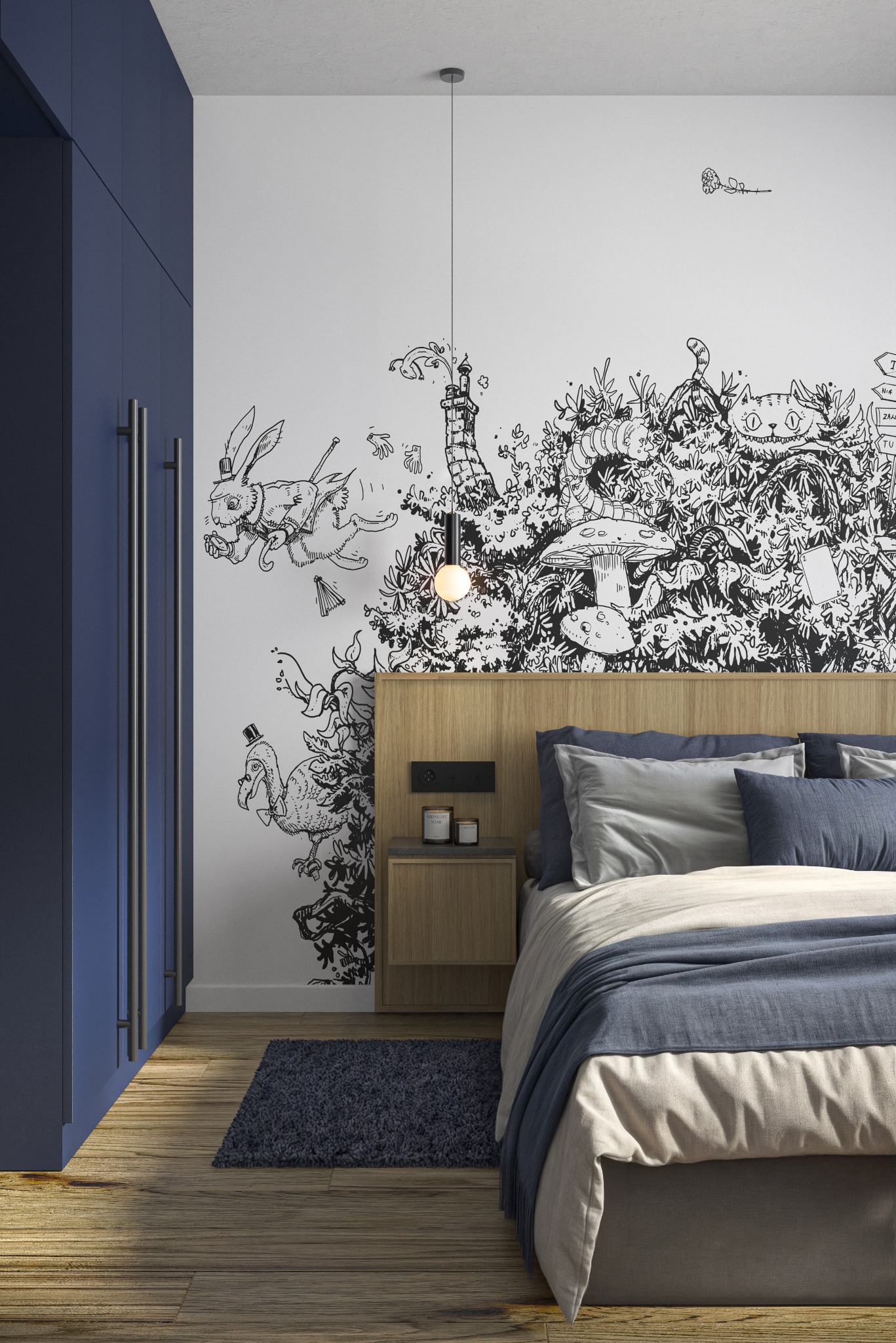 Nowoczesna sypialnia z łóżkiem, szafką nocną i ciemnoniebieską szafą wnękową, wyróżniająca się ścianą z ręcznie rysowanymi motywami z Alicji w Krainie Czarów, w tym królik, kot z Cheshire i grzyby.