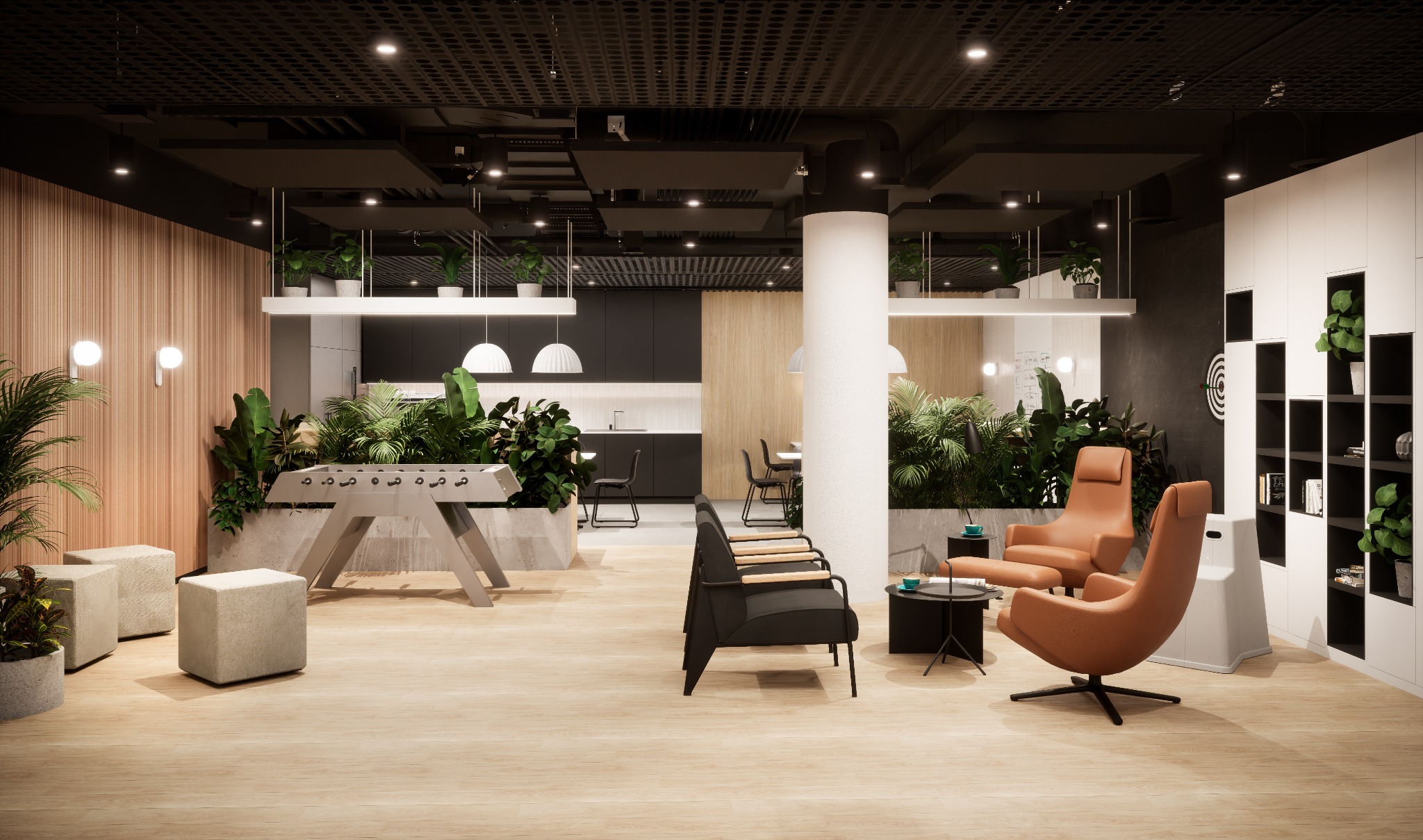 Nowoczesna aranżacja przestrzeni biurowej z roślinami, stołem do piłkarzyków i strefą relaksu z fotelami. Minimalistyczny design, drewniane akcenty i naturalne światło.