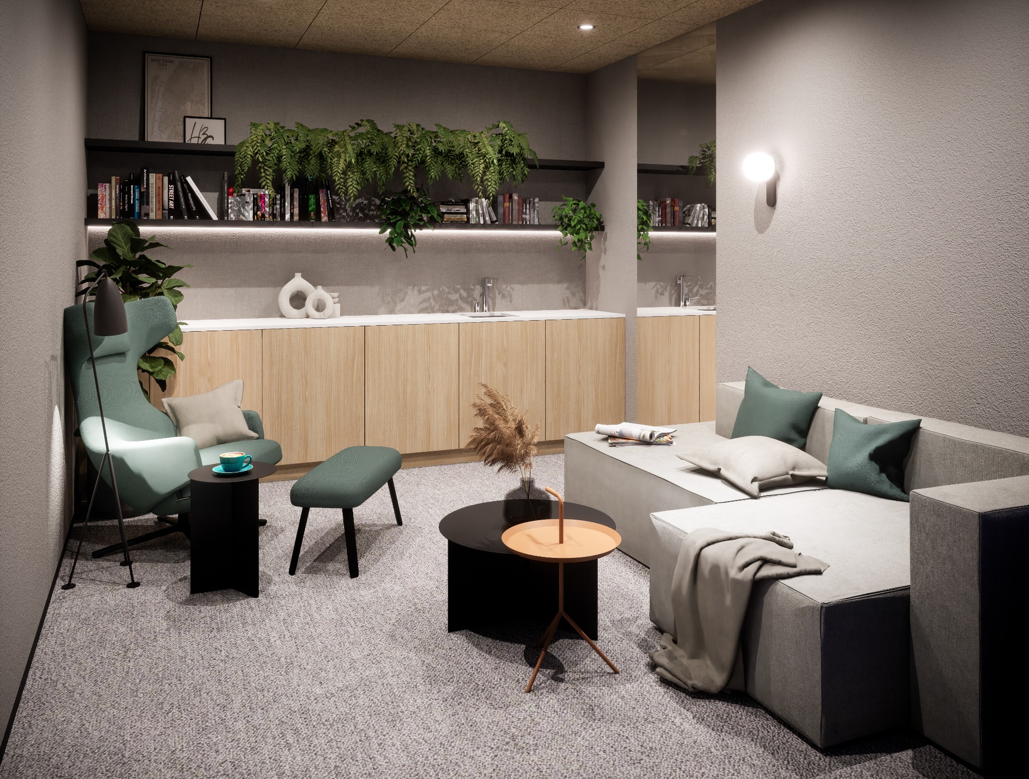Nowoczesna aranżacja biura: strefa relaksu z sofą, fotelem i stolikami kawowymi. Na ścianach półki z książkami i roślinami, oświetlenie punktowe. Przytulne i funkcjonalne wnętrze.