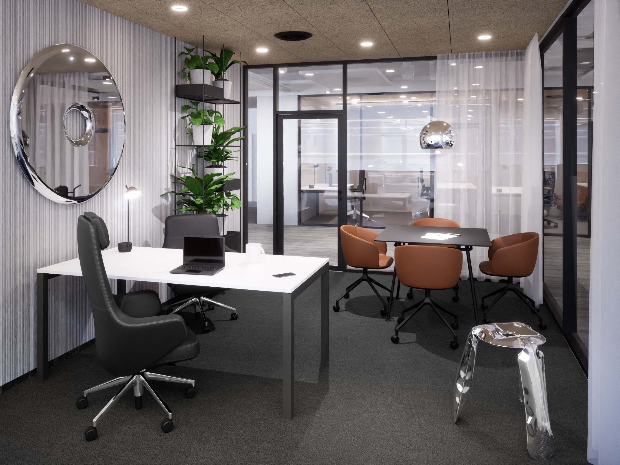 Nowoczesne biuro z białym biurkiem, czarnym krzesłem i okrągłym lustrem. W tle szklana ściana i sala konferencyjna z pomarańczowymi krzesłami.