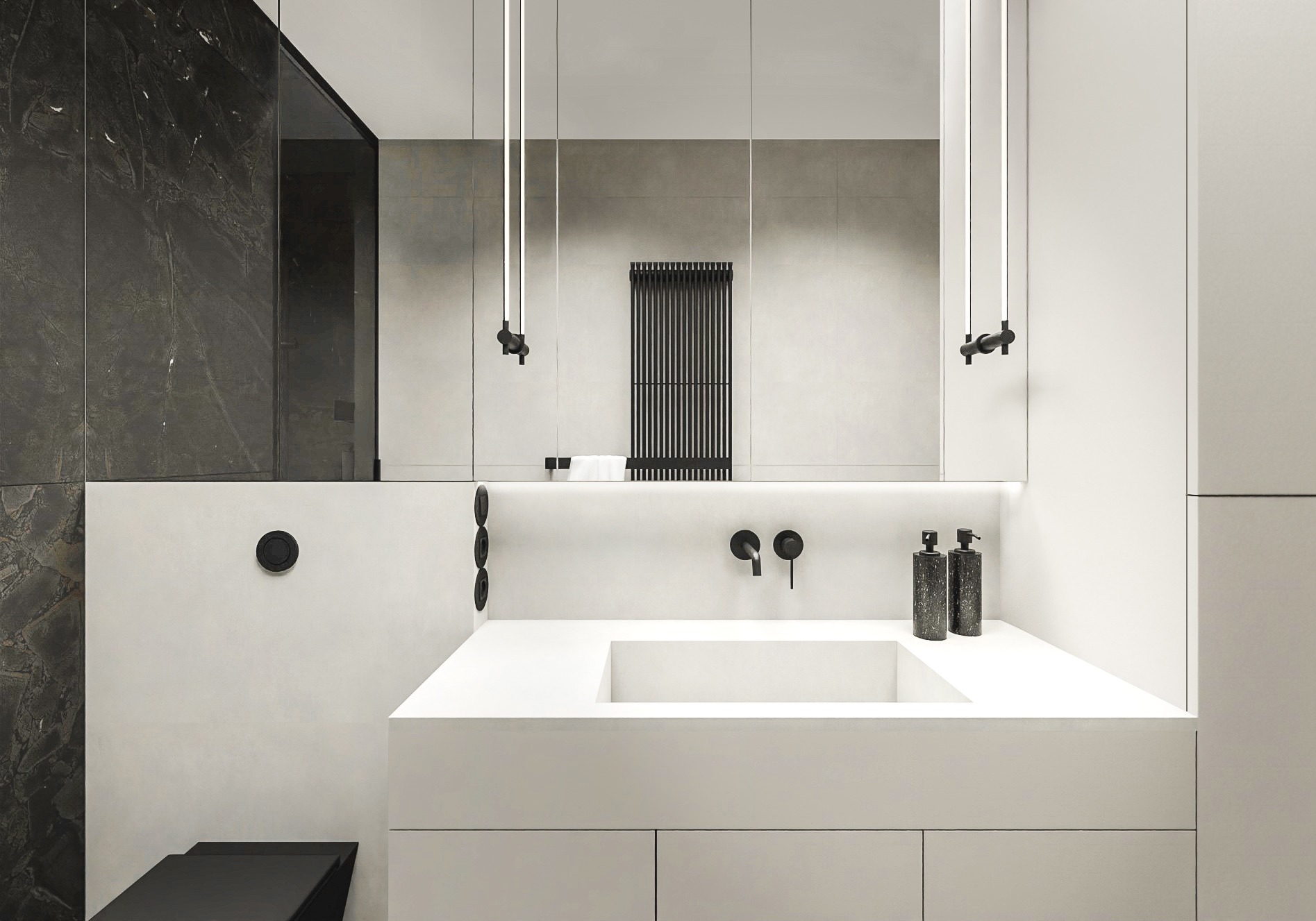 Minimalistyczna łazienka z białym blatem umywalki, czarną armaturą i marmurową ścianą. Oświetlenie LED podkreśla nowoczesny design.